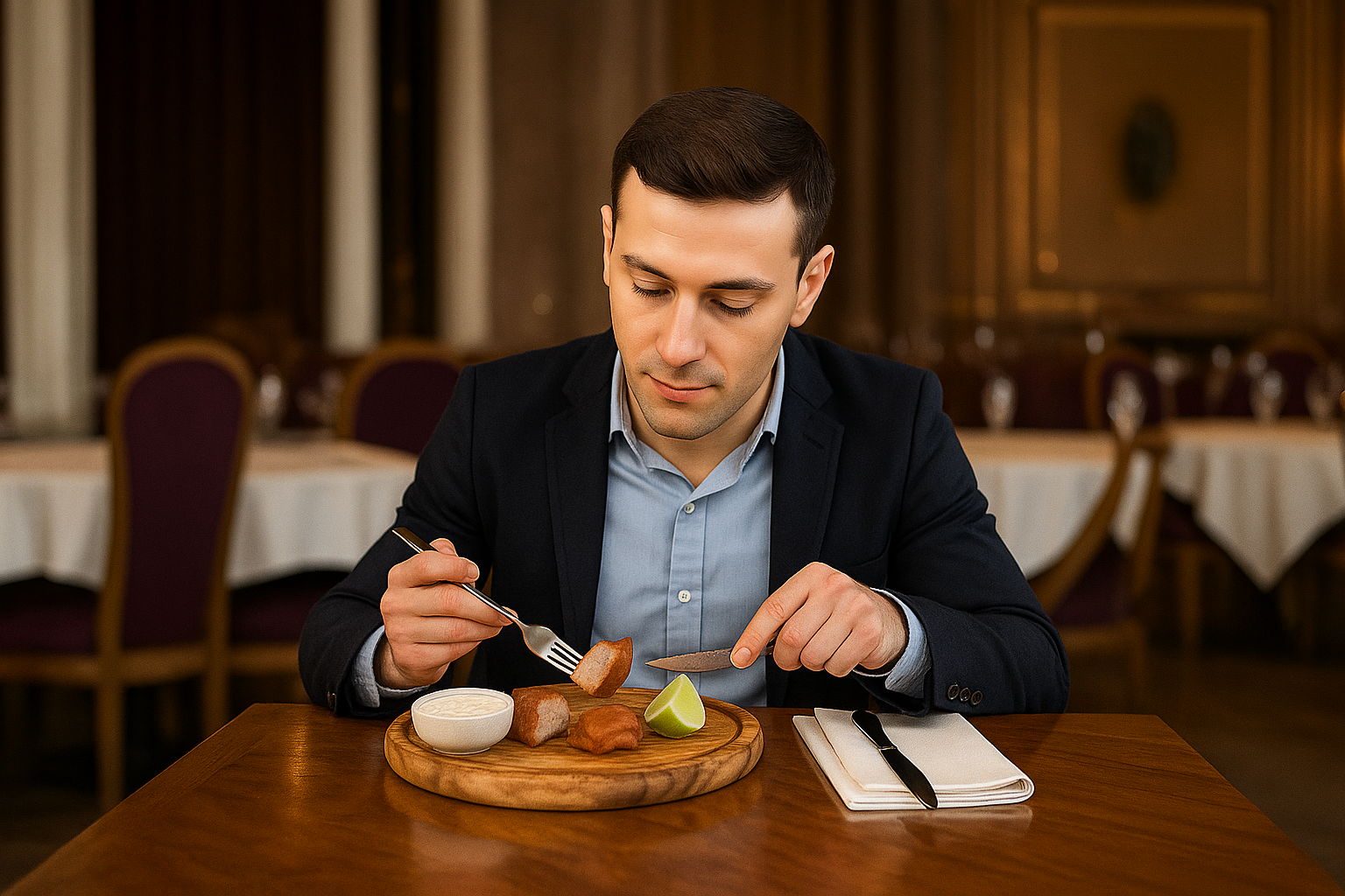 hombre comiendo trozo de panceta de cerdo en plato.